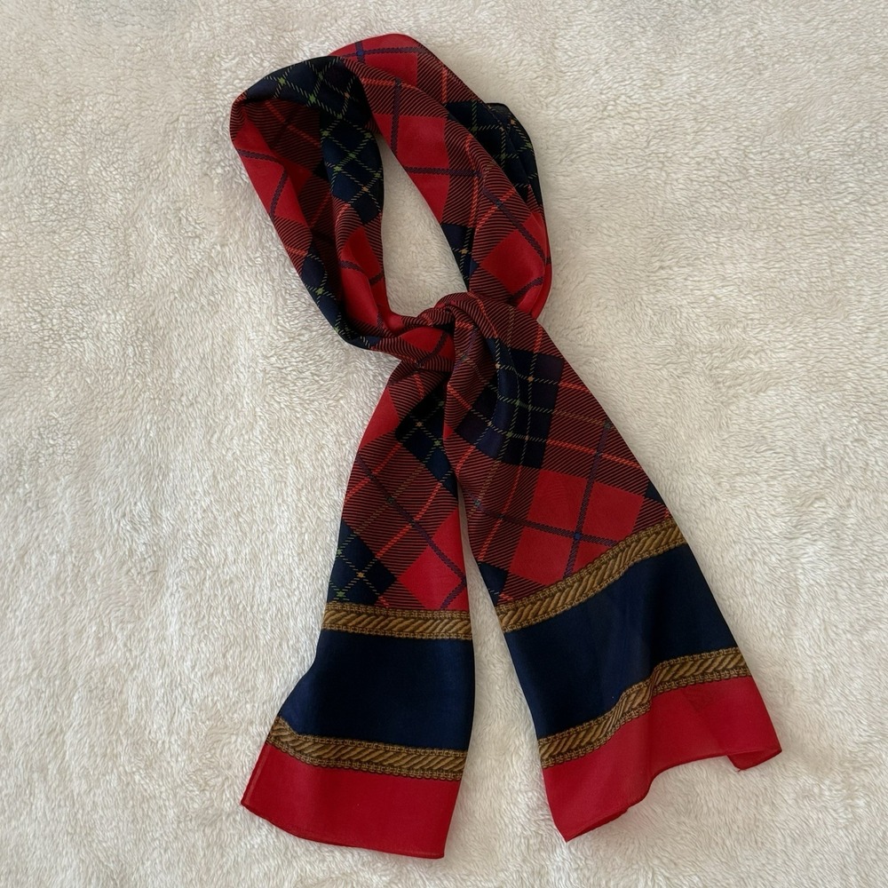 Vintage Echo 100% Silk Scarf Red Navy Tartan Plaid Equestrian Made Japan 52 x 10